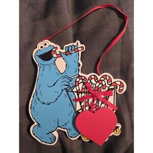 VINTAGE SESAME STREET WOODEN COOKIE MONSTER JIM HENSON 4.75” ORNAMENT Candy Cane